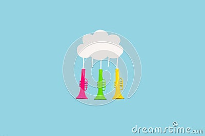 cloud as copy space from which colorful trumpets emerge, creative art minimal design, music background Stock Photo