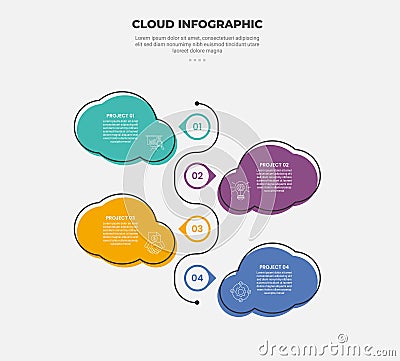 cloud base shape infographic outline style with 4 point template with vertical circle stacked opposite direction for slide Stock Photo