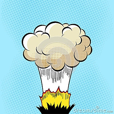 Cloud after the Boom. Comic book explosion on halftone pixel blue background Vector Illustration