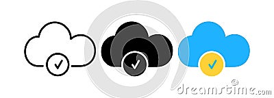 Cloud check mark line icon. Aproved access tick symbol. Cloud computing connected or yes sign. Download or upload Vector Illustration