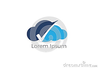 Cloud check mark logo design, tick mark on shield and cloud icon. Safety and security symbol. Stock Photo