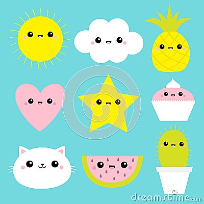 Cloud, cloudscape, sun, pineapple watermelon fruit, heart, star, cupcake, cat, cactus icon set. Love. Fluffy clouds. Cute cartoon Vector Illustration