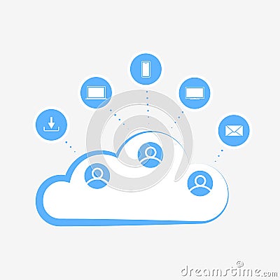 Cloud Collaboration - sharing and co-authoring computer files via cloud computing concept. Remote online workplace Vector Illustration