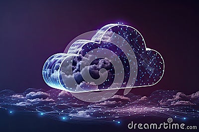 A cloud with computers connected to data hologramm representing technology and network server. Ai generative Stock Photo