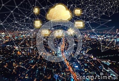 Cloud Computing with aerial view of Tokyo, Japan Stock Photo