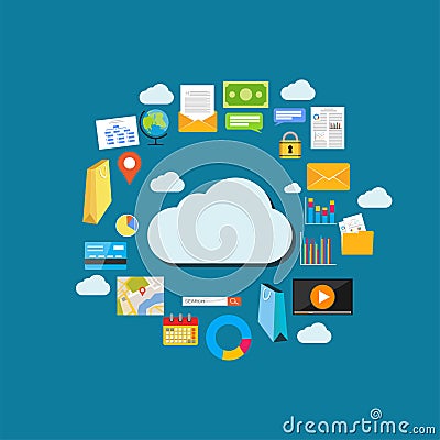 Cloud computing background. Data storage network technology. Multimedia content , web sites hosting. Internet contents concept Vector Illustration