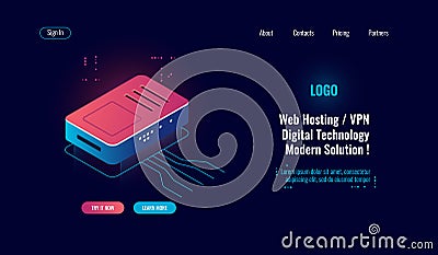 Cloud computing and big digital data processing isometric icon, router internet splitter, online web hosting concept, wi Vector Illustration