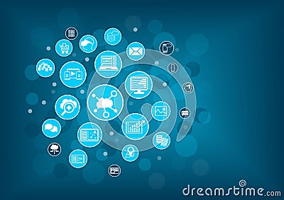 Cloud computing concept as illustration. Blurred information technology background with icons Vector Illustration