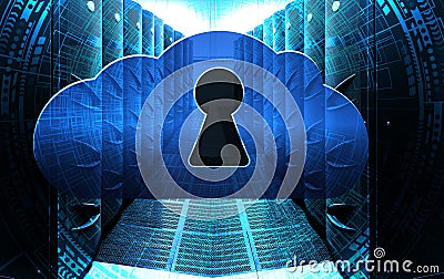 Cloud computing concept: blue cloud with keyhole on background of ranks modern supercomputers in computational data center Stock Photo