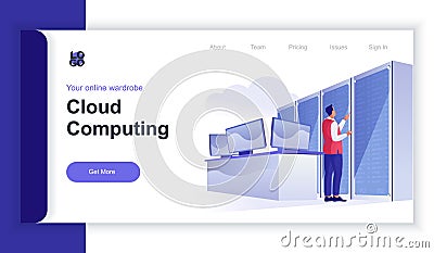 Cloud computing concept 3d isometric web banner with people scene. Man optimizes work of cloud computing in data center and tech Vector Illustration