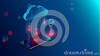 Cloud Computing Concept. Data protected exchange on smart phone or other mobile device and online storage. Cloud Technology Vector Illustration