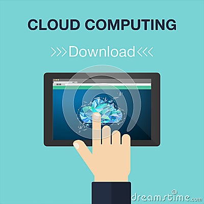 Cloud computing concept. Data storage network technology. Flat style and low poly. Vector Illustration