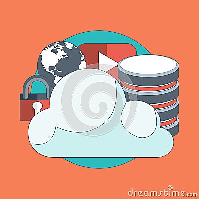 Cloud computing concept. Data storage network technology. Multimedia content, web sites hosting. Cartoon Illustration