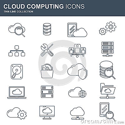 Cloud computing concept. Data storage network technology. Multimedia content, web sites hosting. Vector Illustration