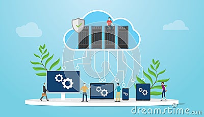 Cloud computing concept with database server and various media platform laptop smartphone tablet and computer - vector Cartoon Illustration