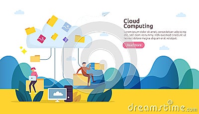 Cloud computing concept. Hosting network service or Online database storage system with people character for web landing page Vector Illustration