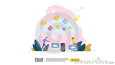 Cloud computing concept. Hosting network service or Online database storage system with people character for web landing page Vector Illustration