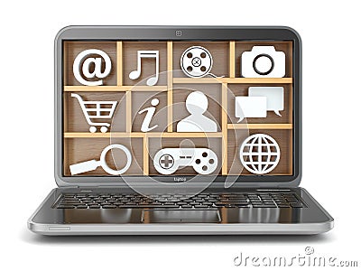 Cloud computing concept. Laptop's software and capabilities. Stock Photo