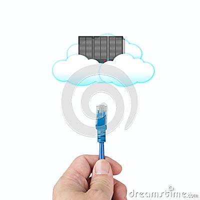 Cloud computing concept, officeman hold cable connect to clouds Stock Photo