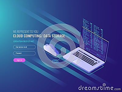 Cloud computing concept, open laptop with cloud icon and program code on scree, data storage, IT isometric 3d Vector Illustration