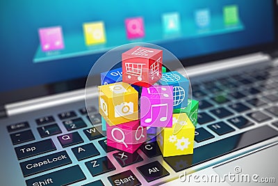 Cloud computing concept: white laptop with of color application icons on background. 3d illustration Cartoon Illustration
