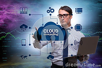 Cloud computing concept with woman pressing buttons Stock Photo