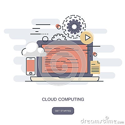 Cloud computing concept. Work desk with computer technology, cell phones and tablets. Flat vector Cartoon Illustration