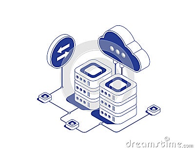 Cloud computing data center with server racks connected to cloud storage and bidirectional data transfer arrows showing Vector Illustration