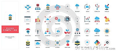 Cloud computing, data center system and network infrastructure, code color icon set Vector Illustration