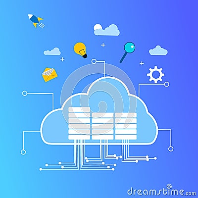 Cloud computing. Data in database on cloud services Vector Illustration