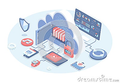 Cloud computing, data processing center, cloud database. Secure connection. Vector Illustration