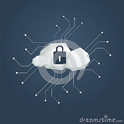 Cloud computing and data security or privacy vector concept with padlock symbol on cloud. Vector Illustration