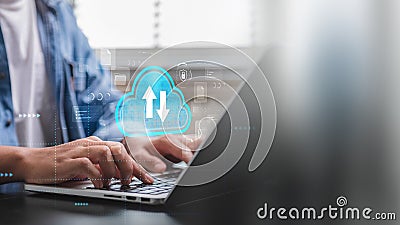 Cloud Computing for Data Synchronization. Person using laptop with Cloud Data Upload and Download, Depicting File Transfer and Stock Photo