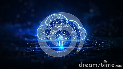 Cloud computing. The data transfer and storage concept has a cloud in the middle connected to a white polygon inside. dark blue Stock Photo