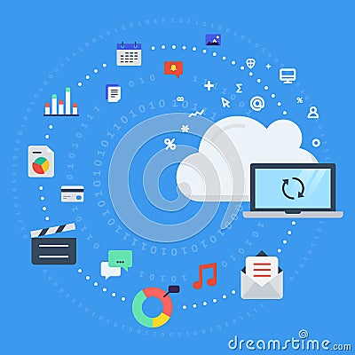 Cloud computing, data transfer and synchronization Vector Illustration