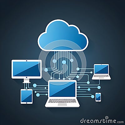 Cloud computing depiction connects devices for data synchronization Stock Photo