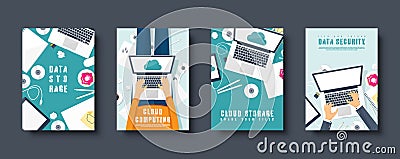 Cloud computing flat style covers set. Media, data server. Web storage. Digital technologies. Internet connection Vector Illustration