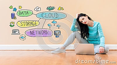 Cloud computing flowchart with woman using a laptop Stock Photo