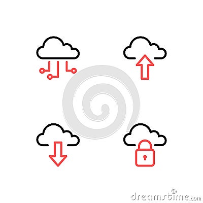 Cloud computing icon set. Networking, Upload, Download, Security icon set. 4 icons Vector Illustration