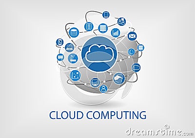 Cloud computing illustration with connected devices like notebooks, tablets, smart phones Vector Illustration