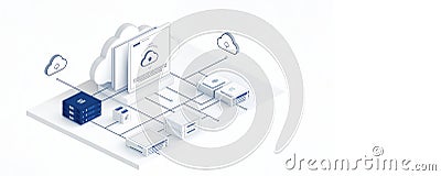 Cloud computing isometric illustration. Secure storage, database, storing digital information on server, copy space Stock Photo
