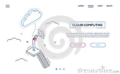 Cloud computing - line design style isometric web banner Vector Illustration
