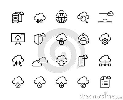 Cloud computing line icons. Data storage technology information infrastructure system data. Cloud access platform set Vector Illustration