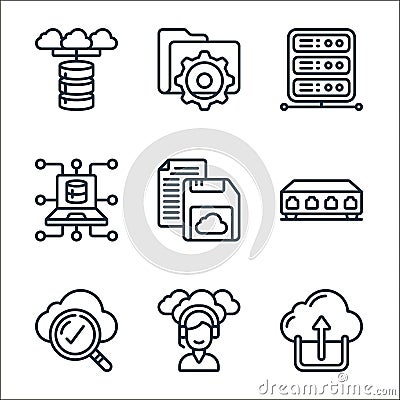 cloud computing line icons. linear set. quality vector line set such as cloud upload, technical support, search, server control, Vector Illustration