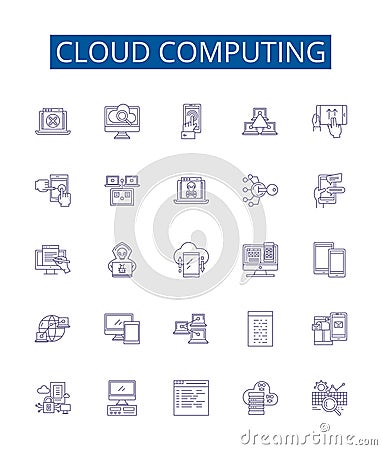 Cloud computing line icons signs set. Design collection of Cloud, Computing, Infrastructure, Platform, Services, Storage Vector Illustration