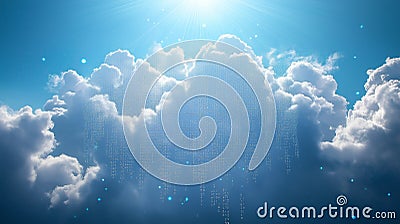 Cloud Computing in Logistics: Fluffy clouds filled with binary code and data packets Stock Photo