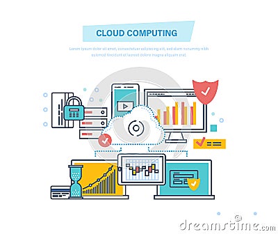 Cloud computing. Network cloud service. Computer device, security file storage. Vector Illustration