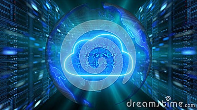 Cloud computing network concept - multi circuit board in glowing cloud symbol over transparent earth globe, server room background Stock Photo