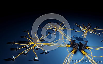 Cloud computing, network infrastructure. Computer workstations connected to data center. Digital 3D render concept. Stock Photo
