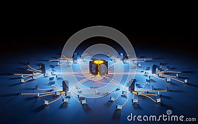 Cloud computing, network infrastructure. Computer workstations connected to data center. Digital 3D render concept. Stock Photo